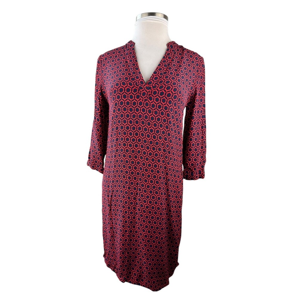 Boden V-Neck Geo Print 3/4 Sleeve Shift Dress Red & Navy Size 10 *Missing Belt* - Picture 12 of 16